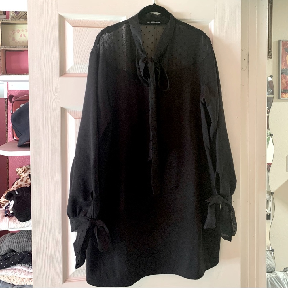 Zara Black Swiss Dot and Jersey Dress. Large